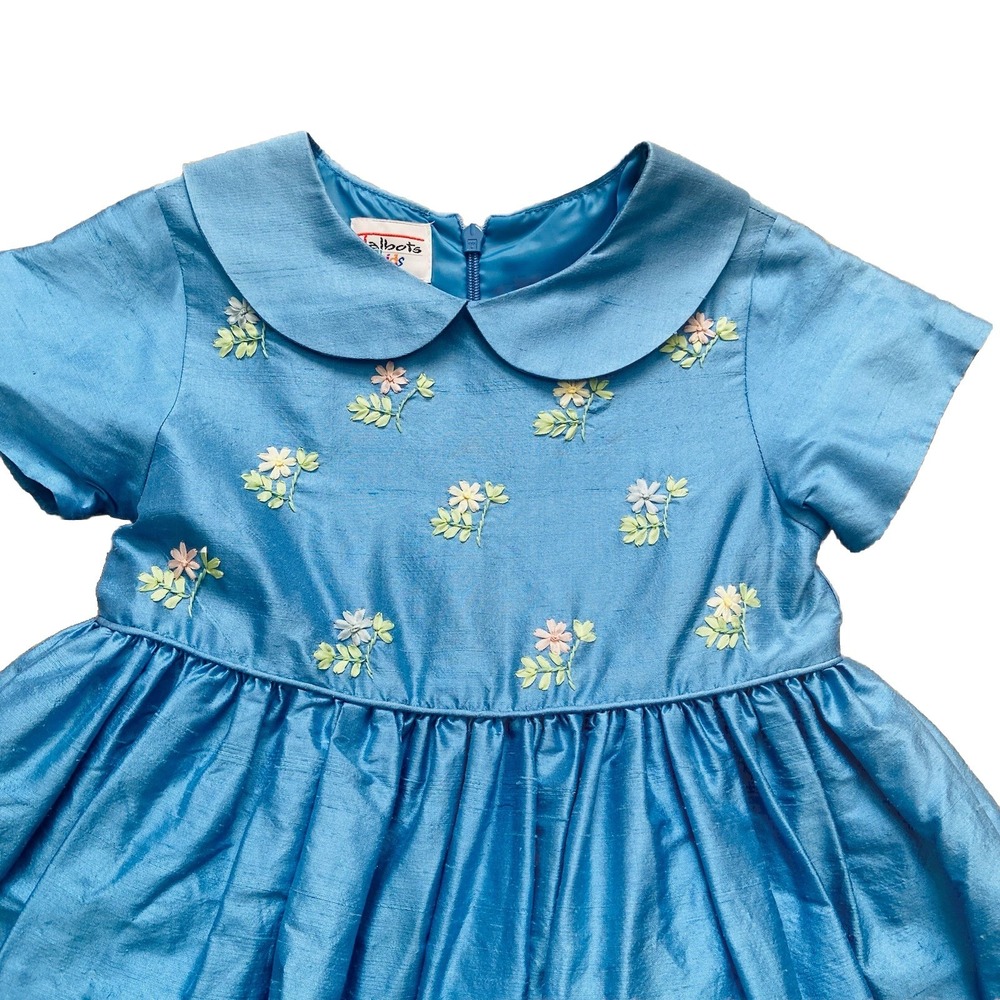 Vintage Talbots Blue Silk Taffeta Easter Party Dress Girls 4 Embroidered Flowers